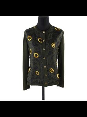 Celine Olive Green Button-Front Women's Jacket with Gold Ring Print
